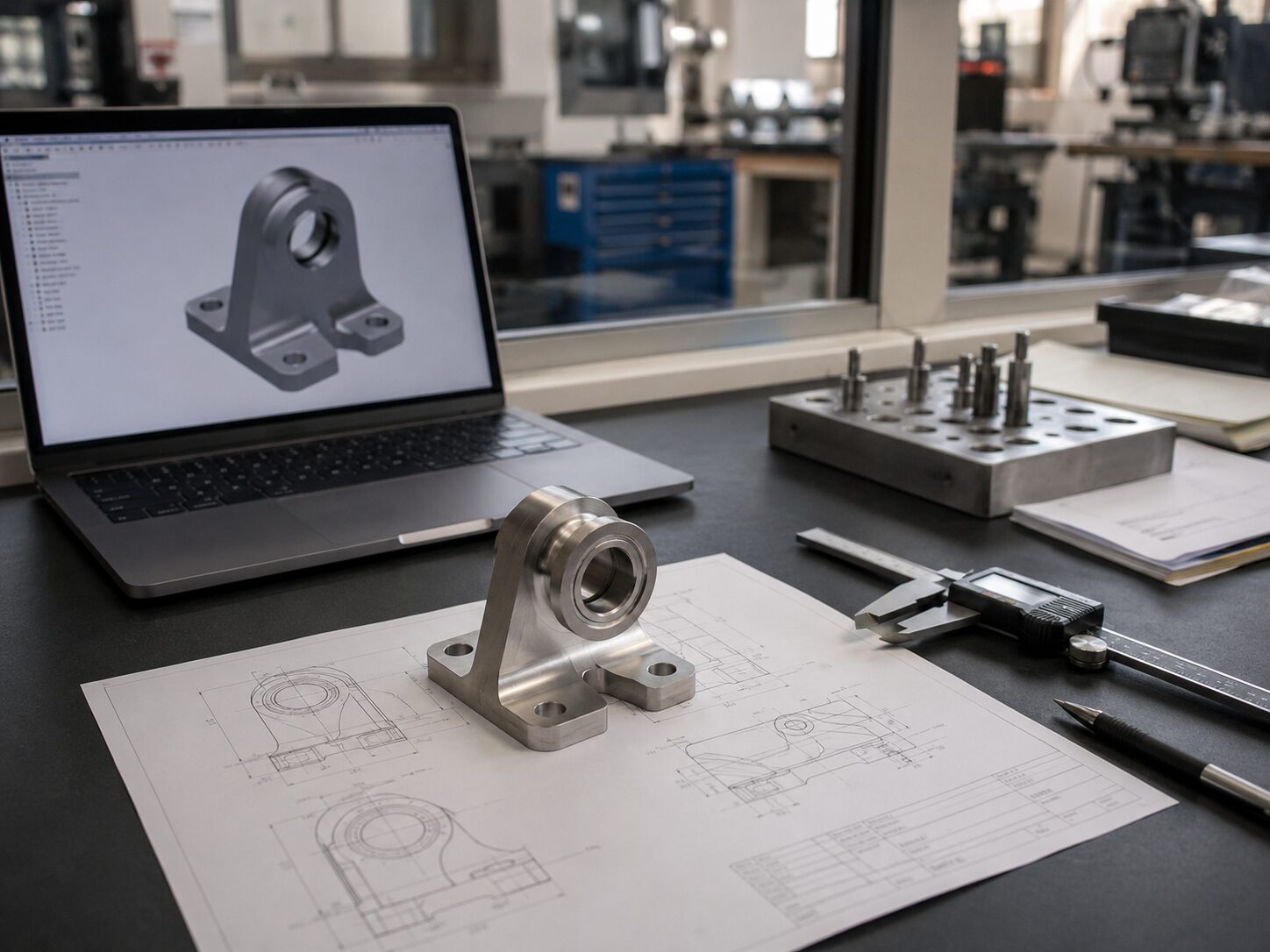CAD model of a CNC prototype part being reviewed