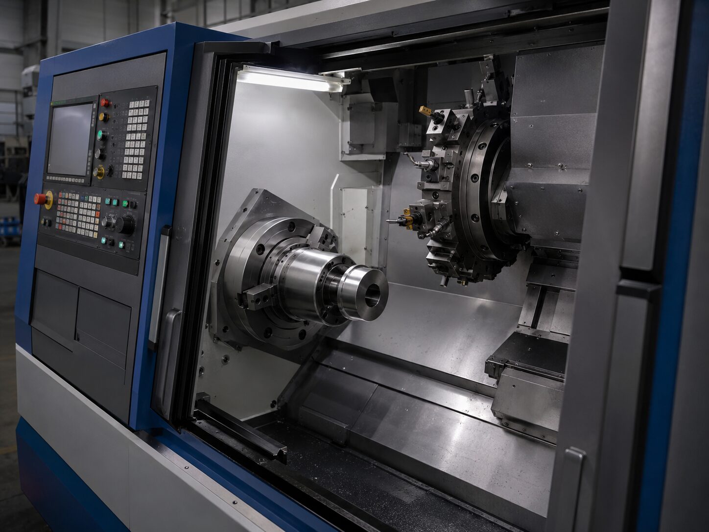Interior of CNC lathe machining a steel component in Perth