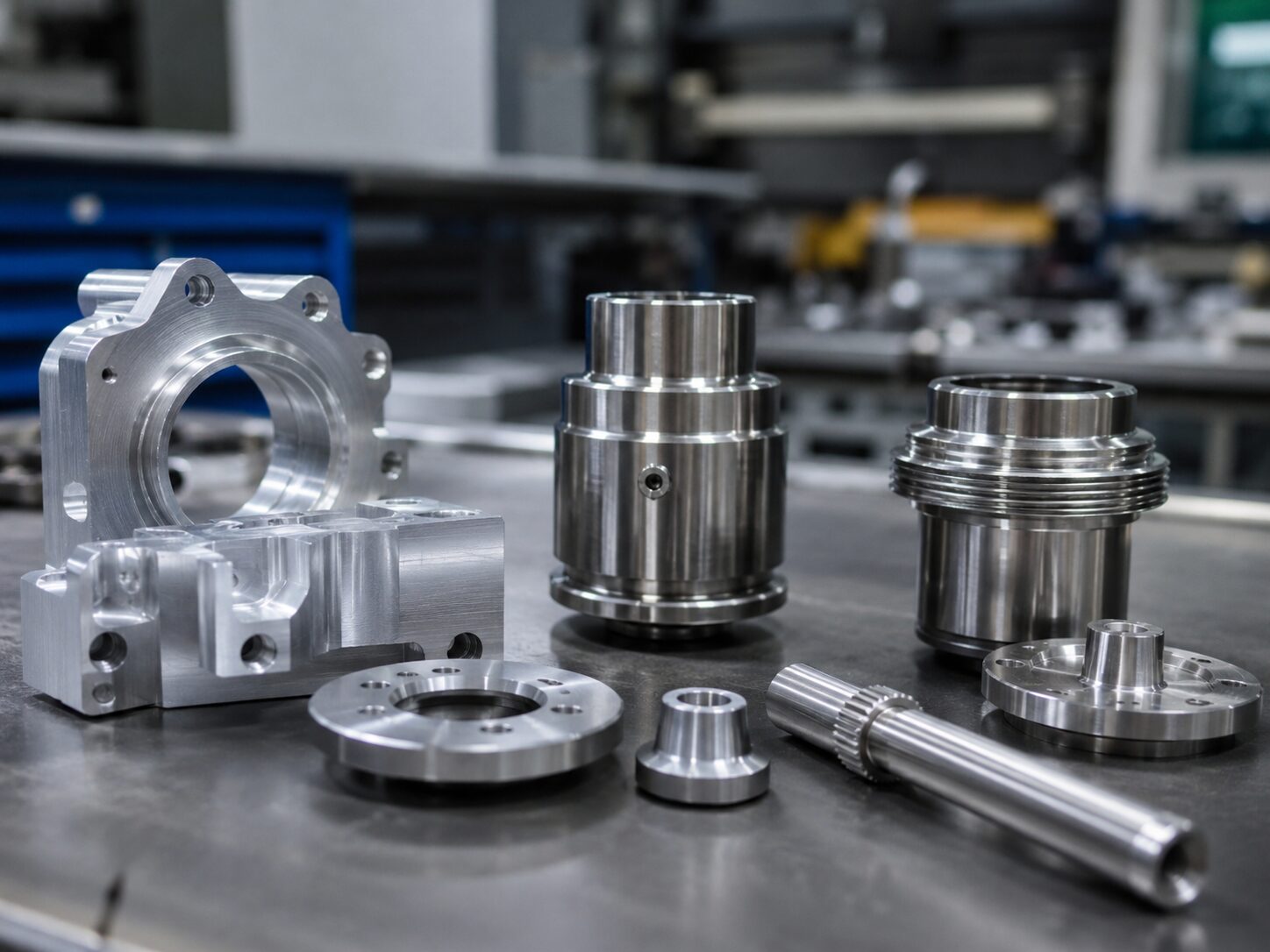 Precision CNC milled parts on workshop bench